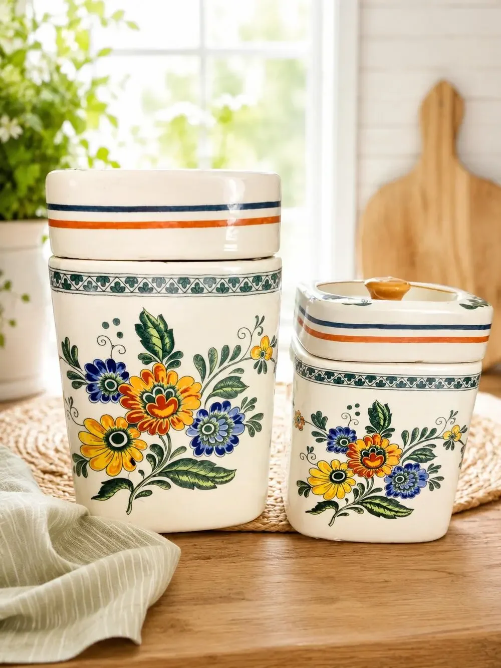 Vintage Daeware Korea Floral Canister Set 2 Square Ceramic Kitchen Jars